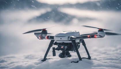 A search and rescue drone hovering above a snow-covered mountain during a blizzard, capturing thermal images of the terrain below despite the harsh winds and limited visibility.
