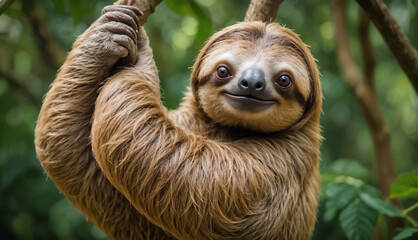 A slow-moving sloth hanging from a tree in a jungle. The sloth is brown and has a large, round face. Generative ai.