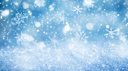 Fototapeta premium Snow-covered blue background with soft white snowflakes gently falling, creating a calming Christmas winter design. The blue hue adds a cool, wintry feel.