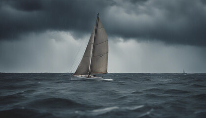 A small sailboat racing against time to reach the shore as a sudden thunderstorm rolls in, with dark clouds overhead and wind whipping through the sails.
