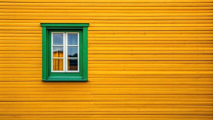 Fototapeta premium yellow wall with small window portion in green in Flam Norway Macro, colorful, window, exterior, wall, structure, detail, picturesque, quaint, background, scenic, vibrant, unique, design