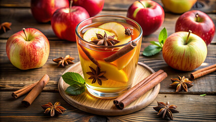 A glass of warm apple cider garnished with apples, cinnamon sticks, and star anise sits on a wooden table surrounded by fresh apples