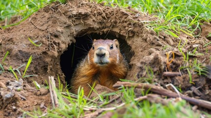 Groundhog emerging from its den