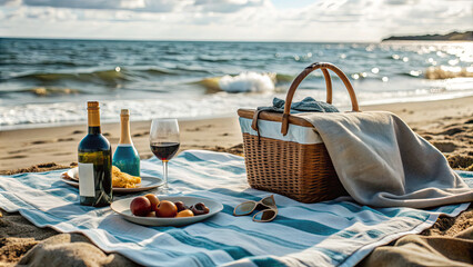 A picnic setup on the beach features a basket, bottles, and glasses alongside plates of fruit, all set against the ocean at sunset