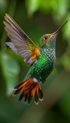 Fototapeta premium Sapphire-throated Hummingbird in Flight Over a National Park, a Majestic Display of Nature's Beauty and Wildlife Conservation Efforts