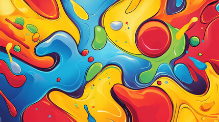 Fototapeta premium A vibrant color splash abstract cartoon background featuring bold splashes of red, blue, yellow, and green. The playful design includes swirling shapes and dynamic lines, creating an energetic and fun