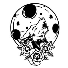 Moon Wolf | Floral Moon | Nature Scene | Wolf | Mountain Wolf | Mountain Scene | Floral Wolf | Howling wolf | Original Illustration | Vector and Clipart | Cutfile and Stencil