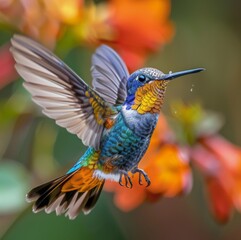 Fototapeta premium Sapphire-throated Hummingbird in Flight Over a National Park, a Majestic Display of Nature's Beauty and Wildlife Conservation Efforts