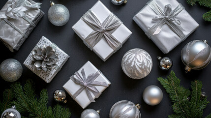 Overhead shot of elegant gift boxes wrapped in silver and white, surrounded by opulent tree ornaments, on a dark ash gray backdrop with space for messages. The setup is luxurious and festive.