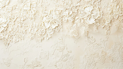 A cream textured background with a delicate lace pattern. The intricate design adds elegance and a vintage charm.