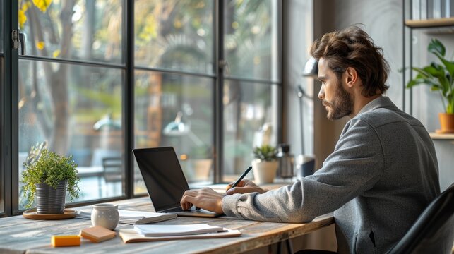Young Man Working Intently at a Modern Desk With Laptop by Large Windows. Generative AI