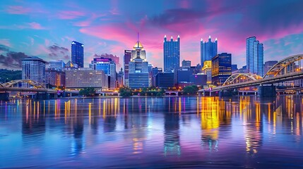 Vibrant City Skyline at Dusk with Illuminated Buildings and Reflections in the River. AI generated illustration