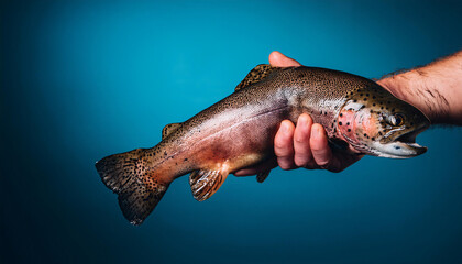 Fototapeta premium hand holds a freshly caught trout by the rear fin. blue background. copy space. 