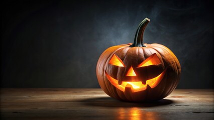 A spooky Halloween pumpkin glowing on a dark black background, illuminated, holiday, celebration, glowing, traditional, season, festive, night, carving, creepy, decoration, October