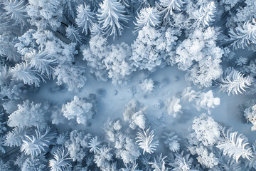 aerial view of a snow covered forest on a winter day