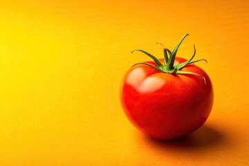 Red tomato with stalk isolated on yellow background, colorful, round, natural, vibrant, juicy, agriculture, stem, raw, yellow background, ripe, isolated,tomato, vegetable, red, fresh