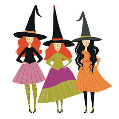 Three female witches cartoon characters, standing, colorful dresses, pointed hats, Halloween theme. Redhead, brunette, blackhaired witches, stylish, modern outfit, festive attire, happy expressions