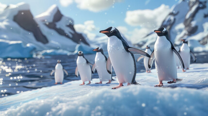 Obraz premium A group of playful penguins waddling across the icy landscape of Antarctica, with a scenic snowy backdrop.