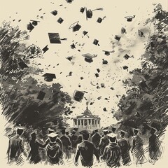 Vintage-style illustration of graduates celebrating by throwing their caps into the air on a tree-lined campus.