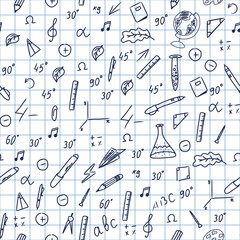 school background, seamless texture on a school theme. vector illustration of various stationery, notebooks, autumn leaves, numbers and signs on a piece of paper in a cage. back to school. hand-drawn 