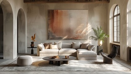 Modern Minimalist Living Room with Abstract Art and Soft Pastel Colors

