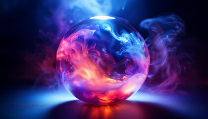 Glowing glass orb with vibrant and swirling clouds of blue and purple hues. Mist on dark background