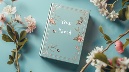 A paper book with a cover and a title that says "Your Novel". The book is light blue and has a white and pink design. The book contains a novel that has a genre and a plot of your choice. 