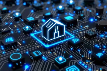 Fototapeta premium Digital core of smart home technology with glowing circuits and futuristic interface, symbolizing connectivity and automation