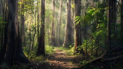 Light filled gumtree forest in Booderee national park of Australia  Jervis bay area walking track : Generative AI