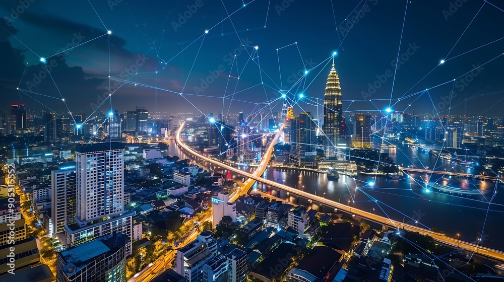 Fototapete Energy Digitalization Smart city with Wireless network and Connection technology concept with Abstract Bangkok city background : Generative AI