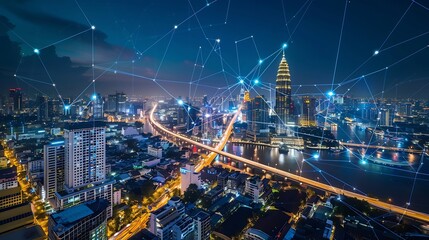 Energy Digitalization Smart city with Wireless network and Connection technology concept with Abstract Bangkok city background : Generative AI