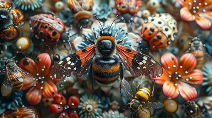 Fototapeta premium A detailed 3D-rendered 8K image of an array of insects, including bumblebees, spiders, and moths, each depicted with stunning realism.