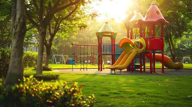A children Colorful playground on yard in the park the green grass : Generative AI