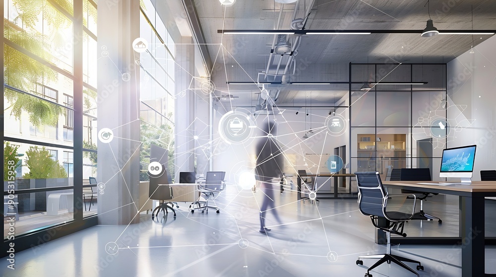 Poster modern office and communication network concept smart office internet of things : generative ai