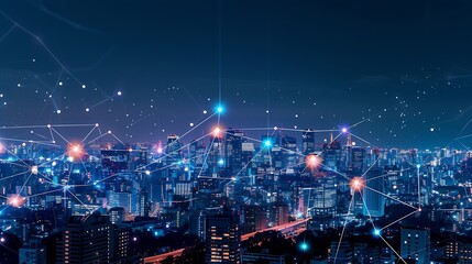 Fototapeta premium Global world telecommunication network Wireless Communication on modern cityscape background : Generative AI