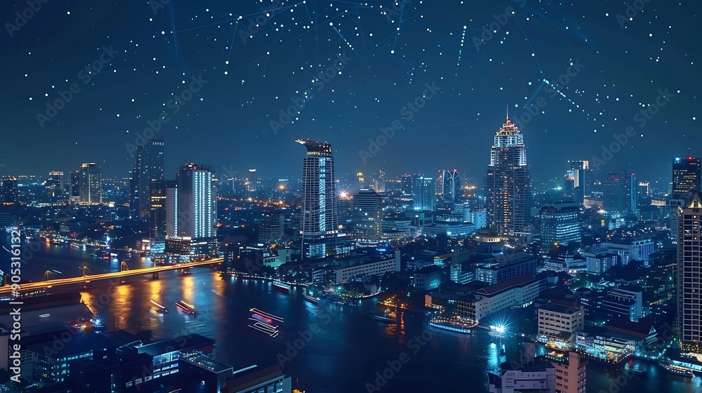 Poster banner smart city dot point connect with gradient line connection technology metaverse concept bangk