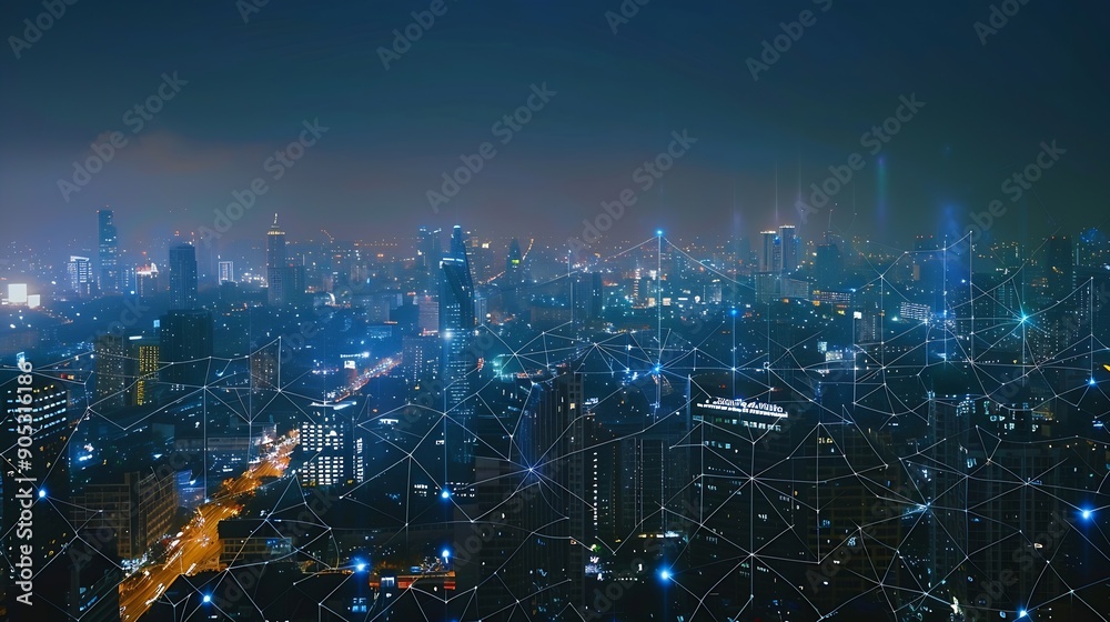 Poster Wireless network and Connection technology concept with Abstract Bangkok city background in panorama view : Generative AI