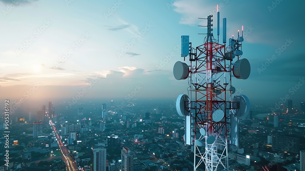 Aufkleber Antenna communication technology with city background Communication tower connect to data of smart city Telecommunication 5G Digital Transformation IoT Internet of Things : Generative AI