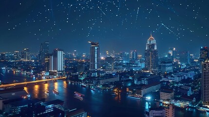 Banner smart city dot point connect with gradient line connection technology metaverse concept Bangkok city background at night with big data in Thailand Panorama view : Generative AI