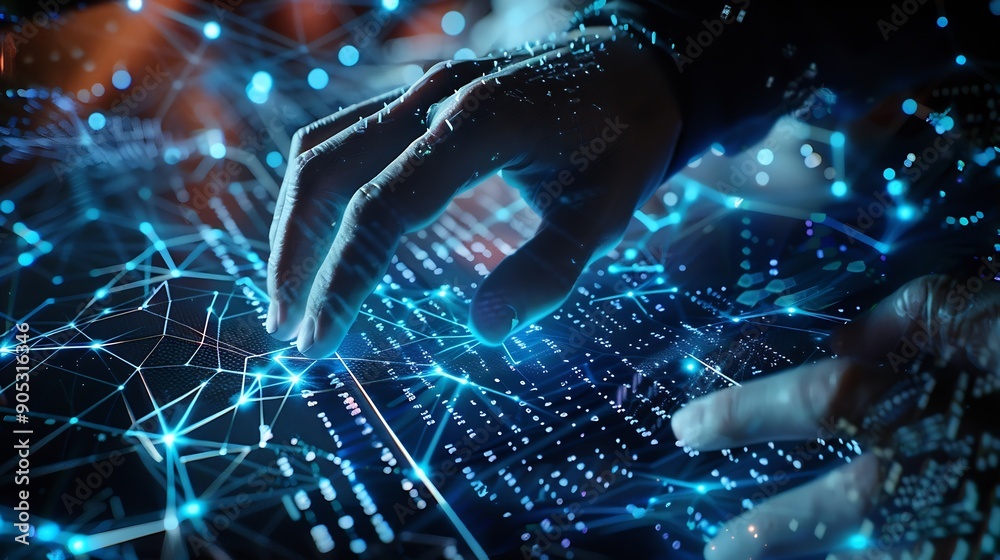 Poster Digital technology internet network connection big data digital marketing IOT internet of things Man using modern computer surfing internet futuristic metaverse innovative technology b : Generative AI