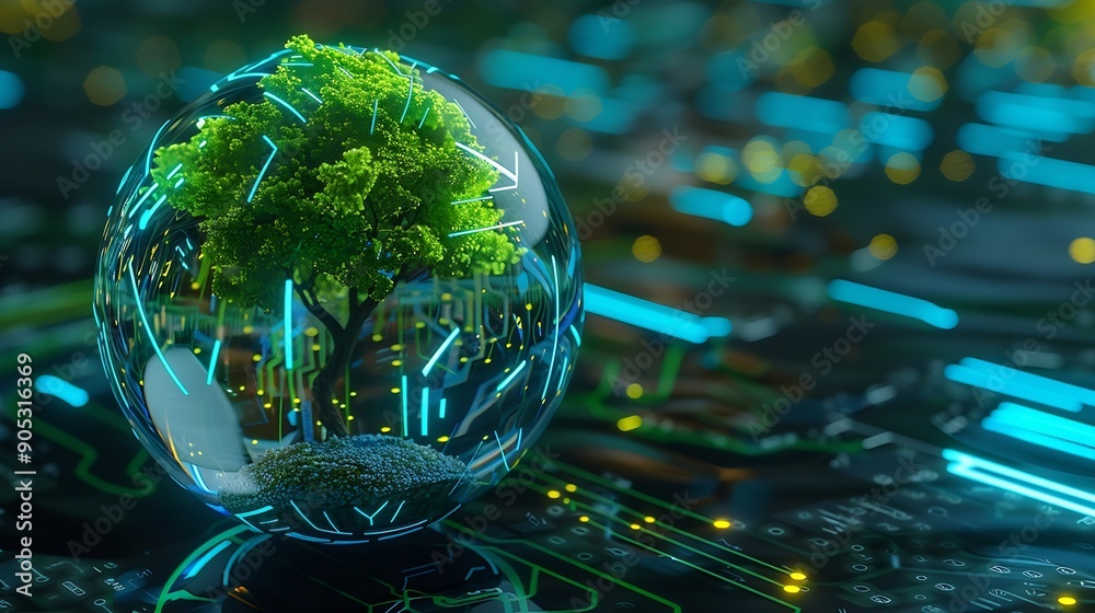 Poster Tree growing on Circuit digital ball Digital and Technology Convergence Blue light and Wireframe network background Green Computing Green Technology Green IT csr and IT ethics Concept : Generative AI