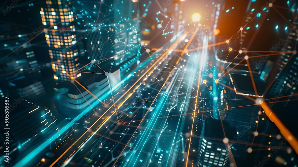 Leinwandbilder Smart city connection  dot point connect with line network technology metaverse conceptBig data connection technology Telecommunication and communication network concept : Generative AI