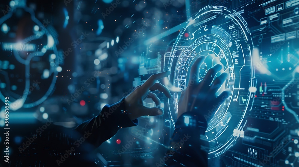 Poster A person interacting with a futuristic holographic interface featuring digital data and connections on a blue background showcasing technology concept : Generative AI