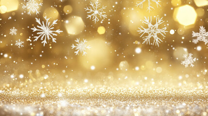 Snow-covered gold background with shimmering white snowflakes, giving a luxurious Christmas winter design. The gold backdrop enhances the festive atmosphere.