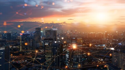 Modern city and wireless communication network concept Smart city Digital transformation Visual with copy space for advertisements and banners : Generative AI