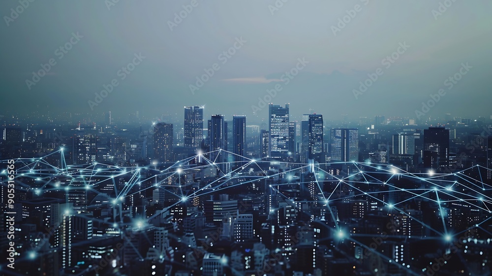 Aufkleber Smart digital city with connection network reciprocity over the cityscape  Concept of future smart wireless digital city and social media networking systems that connects people within : Generative AI