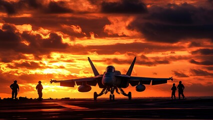 Blazing into the Twilight: F-18 Super Hornet Launches from Aircraft Carrier at Sunset