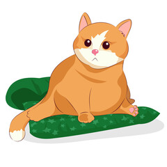 Thoughtful cute fat ginger cat sitting on a green pillow