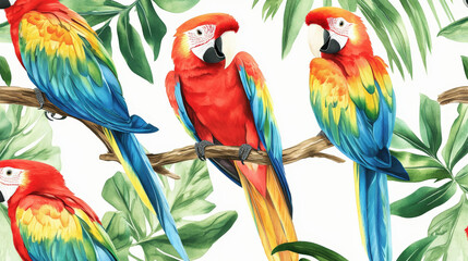 Fototapeta premium A pattern of vibrant parrots perched on branches, with feathers in bright colors of red, blue, and yellow, creating a tropical and lively background.