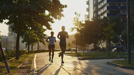 Morning Run Concept Sporty Black Man And Woman Jogging Outdoor In City Park Side View Shot With Copy Space : Generative AI